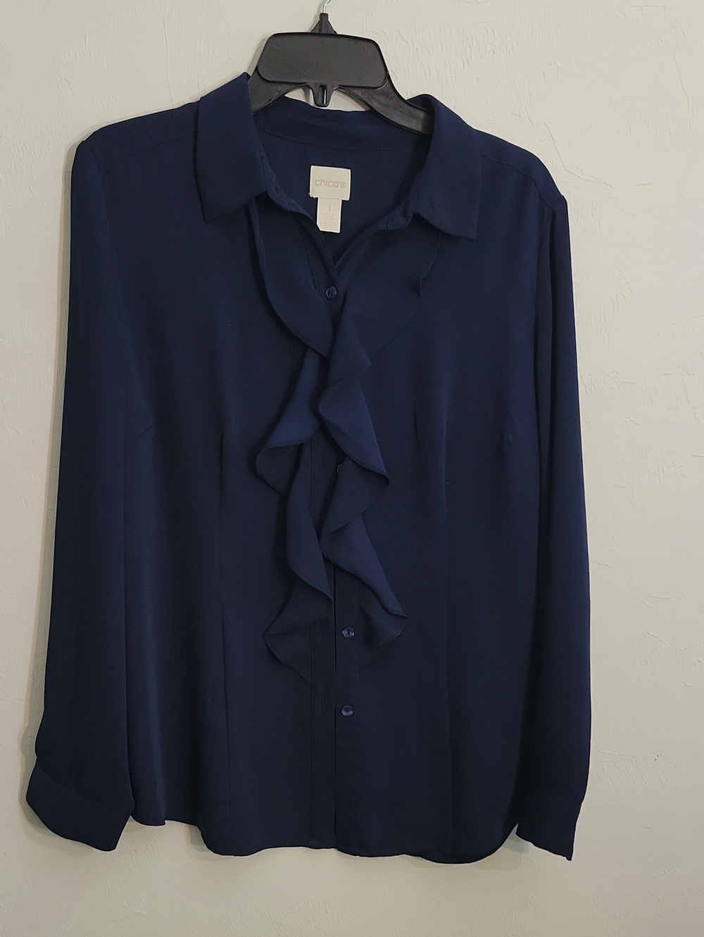 Chico's Navy Ruffle-Front Long Sleeve Button-Down Blouse